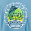 Graphic of a fish inside a circle with text Salty Crew and Ron Jon Surf Shop on a blue background.
