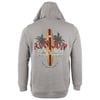 A grey hoodie with a graphic on the back featuring a surfboard, palm trees, and the text “Ron Jon Custom Surfboards, Est. 1959, Long Beach Island, NJ.”.