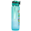 A gradient green and blue green water bottle with a black lid and pink spout cover. It features a green strap and colorful graphics on the side.