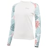 Long-sleeve white rash guard with multicolored monstera leaf patterns on the sleeves and shoulders.