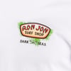 White shirt with a Ron Jon Surf Shop logo featuring green palm leaves, and the words Dark Seas with crossed tridents below the main logo.