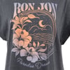 Gray shirt with RON JON Paradise Dreams text above a tropical design featuring hibiscus flowers, a crescent moon, clouds, and a wavy shoreline.