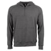A plain, long-sleeve, dark gray hooded pullover with a quarter-zip front and a front pouch pocket, displayed on a white background.