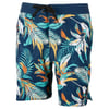Blue board shorts featuring a tropical leaf and floral pattern in green, orange, white, and teal, with a black drawstring at the waist.
