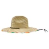 Wide-brimmed straw hat with a colorful under-brim pattern and an adjustable chin strap, viewed from the side.