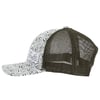 Side view of a trucker cap with a white patterned front, a dark green mesh back, and a logo patch on the side.