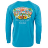 Blue long-sleeve UPF Sun Shirt featuring a colorful Ron Jon Surf Shop graphic and text One of a Kind and Cocoa Beach on the back, perfect for hiking adventures.