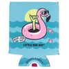 A can cooler with a pink flamingo wearing sunglasses on a blue ocean background. It features the text Little Box Guy and Ron Jon Surf Shop.