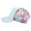 Light blue cap with a floral mesh back, showing red and green leaves.
