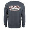 Dark gray sweatshirt with Ron Jon Surfboards logo on the back, featuring a red and white outlined oval design.