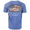 Back view of a blue Ron Jon Surf Shop T-shirt featuring an American flag design, palm tree outlines, and the text One of a Kind, Cocoa Beach.
