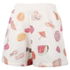Cream shorts with a summer-themed print featuring sunglasses, hats, watermelons, flamingos, beach umbrellas, and shells.