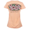 Peach-colored t-shirt featuring a floral logo design with Ron Jon Surf Shop and text below reading Long Beach Island, NJ on the back.