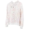 White hooded sweatshirt with light pink floral patterns, drawstrings, and a front pocket.
