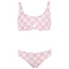 Pink and white patterned two-piece bikini with a bow on the top piece.