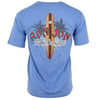 A blue T-shirt featuring a large graphic on the back with a surfboard, palm trees, and the text Ron Jon Custom Surfboards, Est. 1959, Ocean City MD.
