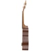 Side view of an acoustic ukulele with a wooden body, showing the neck, tuning pegs, and contour of the back and sides.