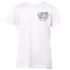 White t-shirt with a small colorful Ron Jon Surf Shop Cocoa Beach logo and pink flowers printed on the upper left chest area.