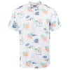 A short-sleeve white Hawaiian shirt with colorful palm trees, maps, surfboards, and California text printed on it.