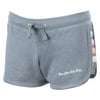 Blue shorts with a drawstring waist, featuring colorful stripes on one side and Ron Jon Surf Shop text.