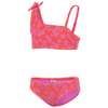 Two-piece childrens swimsuit with a pink floral pattern. The top has an asymmetric strap and a bow on one shoulder. The bottoms are simple with matching floral design.