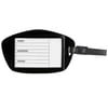A blank luggage tag with fields for name, address, and phone number. It has a black strap for attachment.