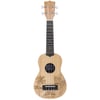 A light wood ukulele with black tuning pegs and strings, featuring a palm tree and wave design above the Ron Jon Surf Shop logo on the body.