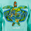 Graphic of a sea turtle and wave on a turquoise background with Ron Jon Surf Shop and Ocean City, MD text.