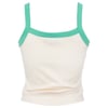 Sleeveless cream-colored crop top with green shoulder straps and neckline trim, displayed on a plain white background.
