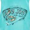 A turquoise shirt featuring a Ron Jon Surf Shop Cocoa Beach, FL logo with a large crab design and a surfboard illustration.