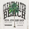 Graphic design with a palm tree and bold text reading Clearwater Beach Ron Jon Surf Shop with coordinates and small wave icons below.