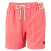 Coral pink swim shorts with a drawstring waist, front label, and side pocket.