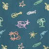 Patterned fabric with neon outlines of tropical motifs, including a hut, palm trees, a crab, a fish skeleton, surfing boards, a guitar, waves, stars, and a sun, on a dark teal background.