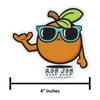 Sticker of an orange cartoon character with sunglasses and a leaf, making a shaka hand sign, labeled RON JON SURF SHOP LITTLE BOX GUY, and measuring 4 inches wide.