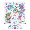 Colorful patterned design featuring cartoon animals and shapes, including a crocodile and octopus, with surfboards and waves. Text reads Ron Jon Surf Shop and Little Box Guy.