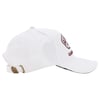 A white baseball cap with a metal buckle strap at the back and a patch with text and graphics on the front side.
