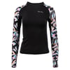 Black long-sleeve rash guard with colorful floral patterns on the sleeves. White logo on the chest.