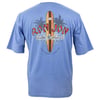 Blue T-shirt featuring a surfboard, palm trees, and text that reads Ron Jon Custom Surfboards, Est. 1959, Long Beach Island, NJ on the back.