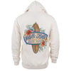 Back view of a cream hoodie displaying a Ron Jon Surf Shop logo with a surfboard, hibiscus flowers, and Myrtle Beach text.