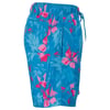 Blue tropical print shorts with pink hibiscus flowers and leaves, featuring a drawstring waist and side pockets, viewed from the side.