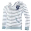 A light blue and white striped zip-up hoodie with a hood, front pockets, and Good Vibes text and graphic on the left chest.
