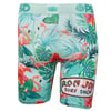 Boxer briefs with a tropical print featuring flamingos, leaves, and flowers, and a Ron Jon Surf Shop logo on the left leg and waistband.