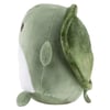 A plush green turtle toy with a white belly, two front flippers, and a textured green shell, shown from a side angle.