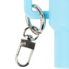 Close-up of a silver metal keychain clasp attached to a light blue plastic handle.