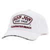 A white baseball cap with a Ron Jon Surf Shop Clearwater Beach embroidered logo on the front and Ron Jon Surf Shop text along the edge of the brim.