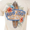 Beige T-shirt featuring a surfboard design with colorful flowers and the text RON JON SURF SHOP and CLEARWATER BEACH.