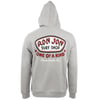 A light gray hooded sweatshirt featuring a large Ron Jon Surf Shop, One of a Kind, Cocoa Beach, Fla. design on the back.