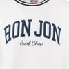 White shirt with RON JON Surf Shop printed in large, dark blue letters across the front.