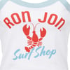White shirt with Ron Jon Surf Shop text; Ron Jon is in red, Surf Shop is in blue, and a red lobster graphic is in the center.