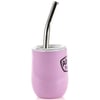 A pink insulated tumbler with a metal straw and a clear lid.